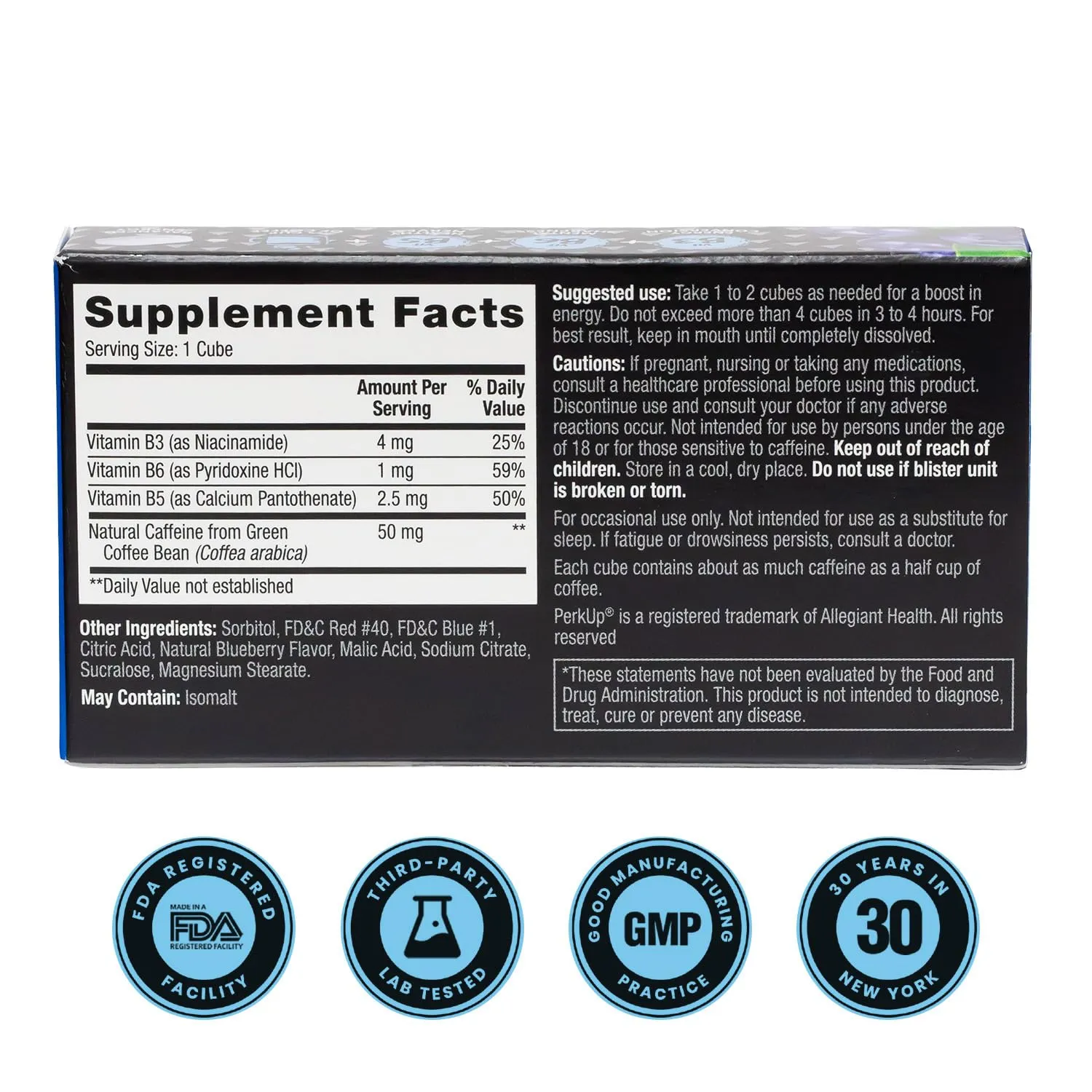 PerkUp Blueberry Blast supplement facts panel and certifications